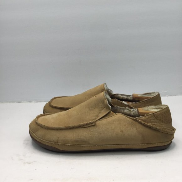 Olukai Kipuka Hulu Slipper Men Size M11 Toffee Leather Shearling Lining Slip-On - Picture 4 of 13